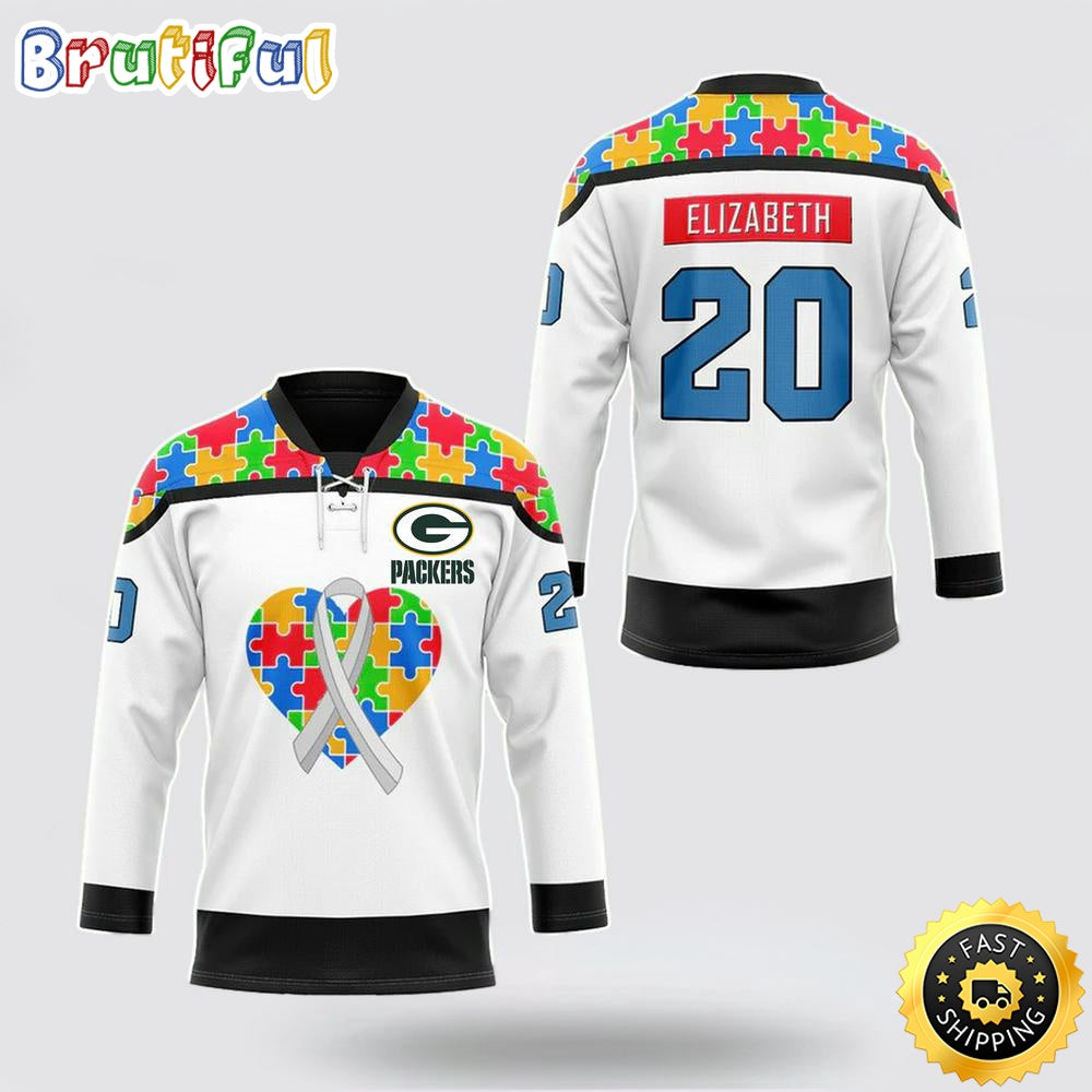 Personalized NFL Green Bay Packers Hockey Jersey Autism Awareness Nfl Hockey Jersey For Fans