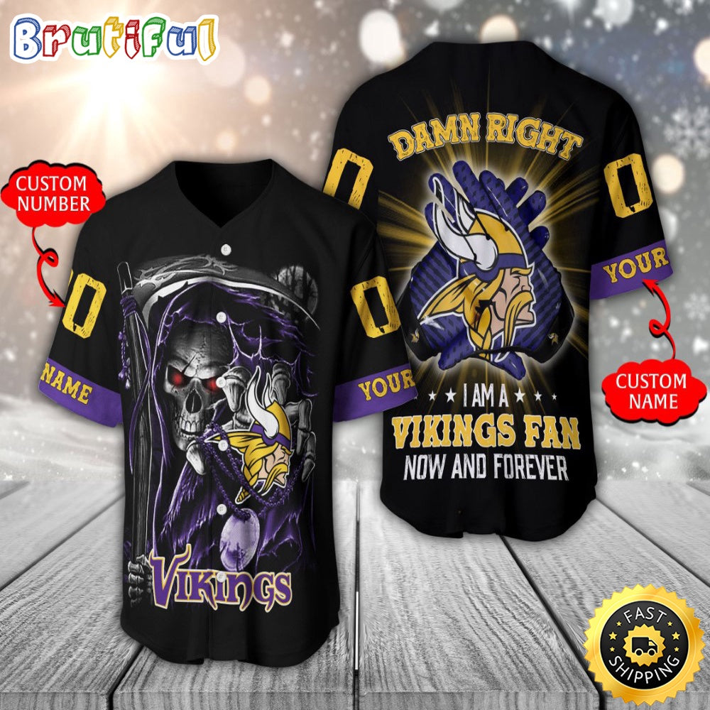 Personalized NFL Minnesota Vikings Baseball Jersey Skull Damn Right