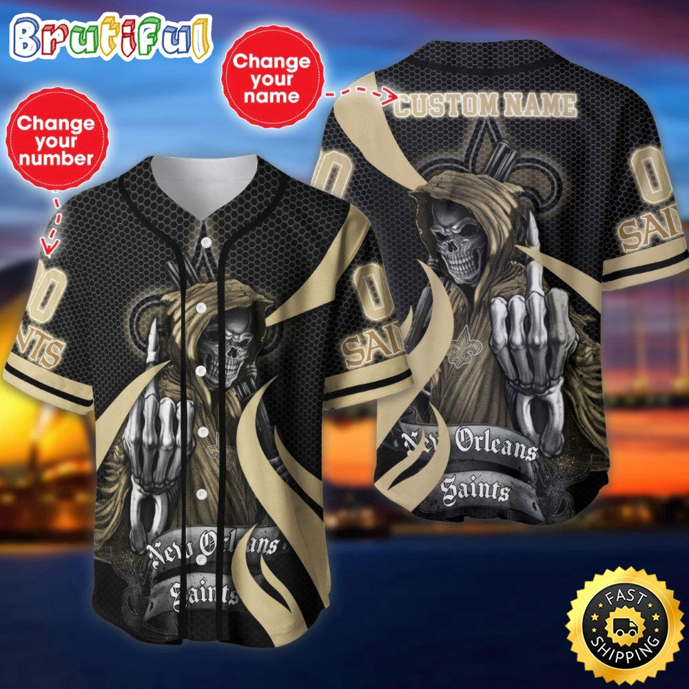 Personalized NFL New Orleans Saints Baseball Jersey Shirt The Reaper Art Skull