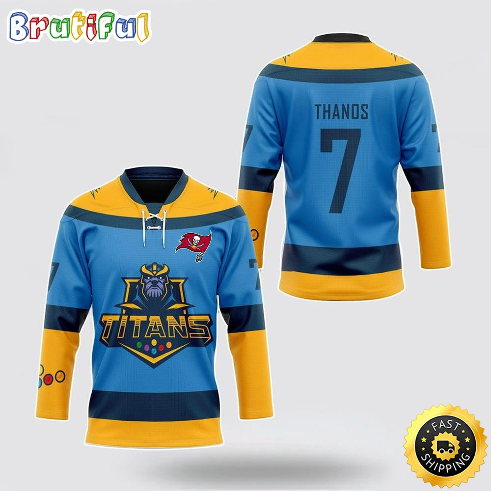Personalized NFL Tampa Bay Buccaneers Hockey Jersey Thanos Marvel Titan Nfl Hockey Jersey For Fans